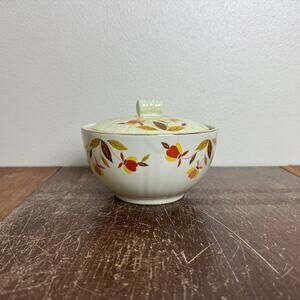 Hall's Superior Kitchenware Mary Dunbar Jewel Tea Autumn Leaf Sugar Bowl Uranium